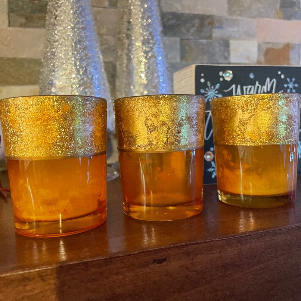 3 Amber & Gold colored Tea Light Holders